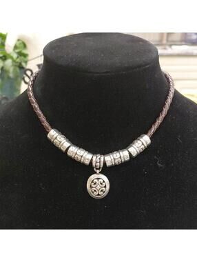 "Brighton" Silver and Brown Beaded and Charmed Necklace. 15in long.Brown leather